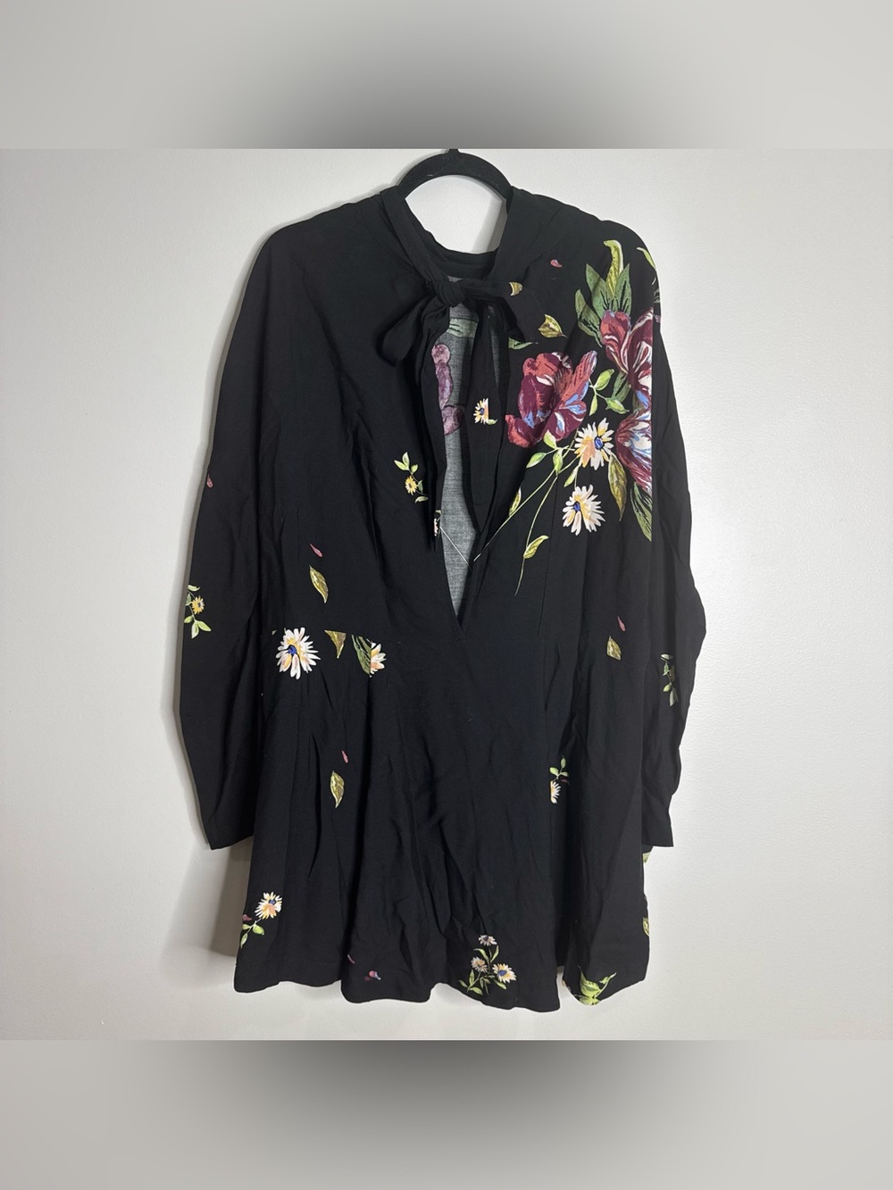 Free People Gemma Tunic Mini Dress Black Floral High Neck Open Back Tie Large - Picture 7 of 9